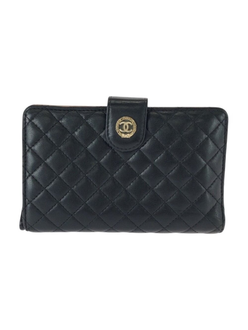 Chanel Quilted CC Logo Black Pink Gold Leather Folded Wallet Compact